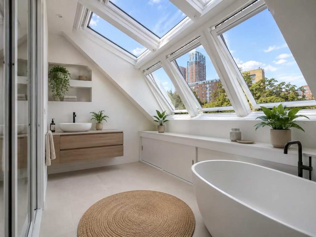 ruime open badkamer op zolder met een LUXboX